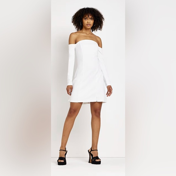 River Island White Off the Shoulder Long Sleeve Shift Minidress Size 12 … - Picture 1 of 9